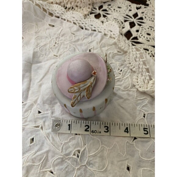 Vintage Enesco Trinket Box Porcelain  Hat Box With Flower, Feathers Gold Accents - Picture 8 of 12